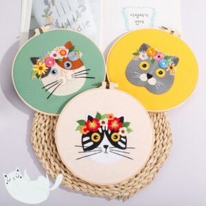 Cute Cat Face Flowers Embroidery Kit