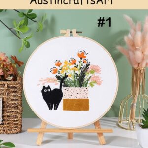 Cute Black Cat Flowers Embroidery Kit