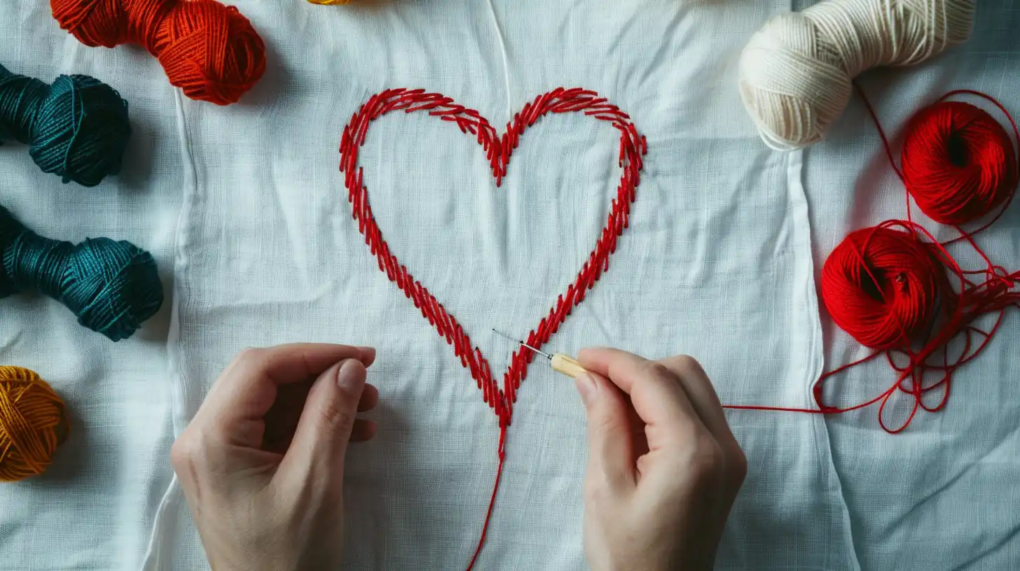Various embroidery techniques to stitch a heart design on fabric.