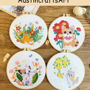 Flowers And Lively Cat Embroidery Kit