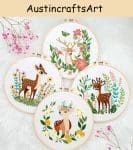 Cute Deer Flowers Plants Embroidery Kit